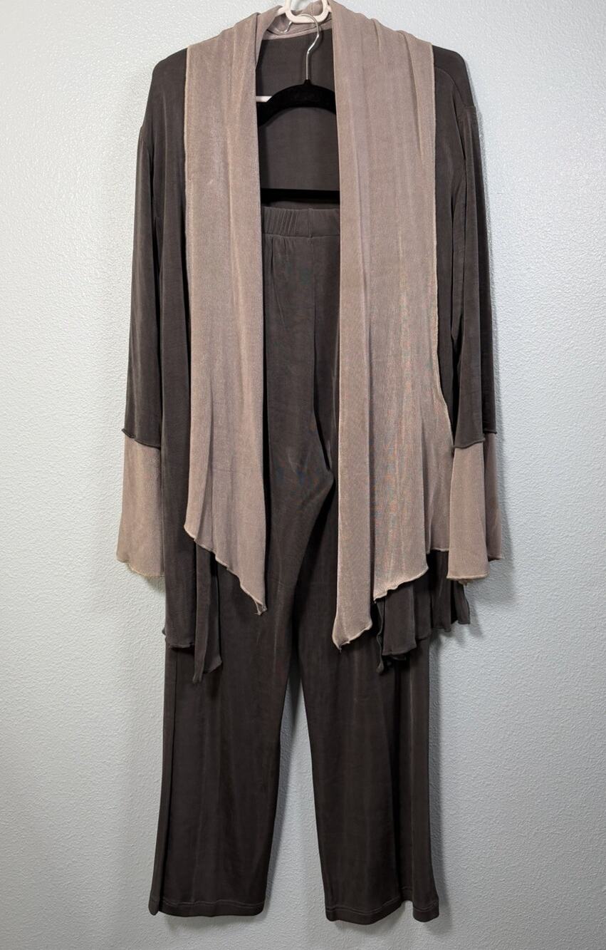 Heydari 2 Piece Lagenlook Draped Cardigan Wide Leg Pants Set Gray